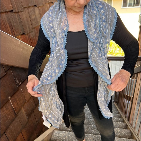 Scarf-Powder Blue lace ruched oblong scarf, 70” - Picture 2 of 10